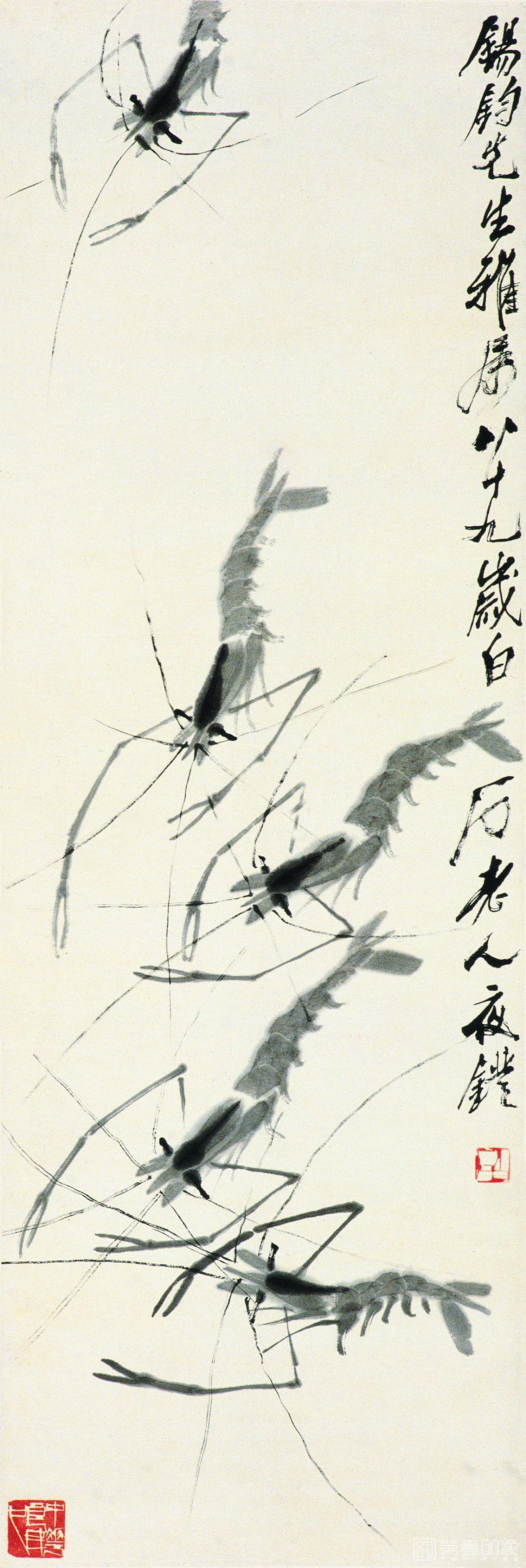 虾，103x34cm，1949，纸本水墨立轴.，中央美术学院-齐白石